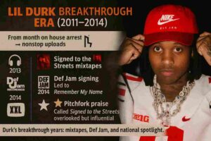 Infographic timeline of Lil Durk’s breakthrough era highlighting mixtapes, Def Jam signing, XXL Freshman 2014, and Pitchfork praise.