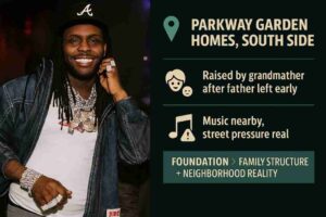 Graphic featuring Chief Keef with icons and text highlighting his upbringing in Parkway Garden Homes, raised by his grandmother after his father left, surrounded by music and street pressures, laying the foundation for his future voice.