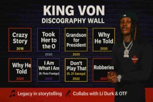 Infographic titled “King Von Discography Wall” with a dark brick wall background. Features King Von’s photo on the right and a grid of his top tracks: Crazy Story (2018), Took Her to the O (2020), Grandson for President (2020), Why He Told (2020), I Am What I Am ft. Fivio Foreign (2020), Don’t Play That ft. 21 Savage (2022), and Robberies (2023). Bottom bar highlights his storytelling legacy and collaborations with Lil Durk & OTF.