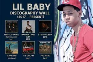 Infographic titled “Lil Baby Discography Wall (2017–Present)” featuring Lil Baby’s portrait alongside album and mixtape covers: Perfect Timing (2017, with Marlo), Harder Than Ever (2018), Street Gossip (2018), My Turn (2020), The Voice of the Heroes (2021, with Lil Durk), It’s Only Me (2022), and Too Hard (2017 mixtape).