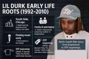 A timeline-style graphic of Lil Durk’s early life roots (1992–2010), showing his South Side Chicago upbringing, family challenges, early music efforts, and the founding of OTF.