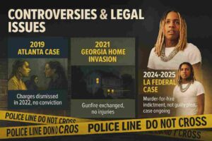 Infographic showing Lil Durk’s controversies and legal issues from 2019 to 2025, including Atlanta charges dismissal, Georgia home invasion, and LA federal case.